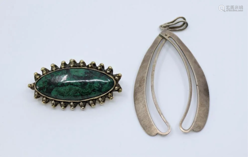 A silver malachite brooch marked 935 Israel, together