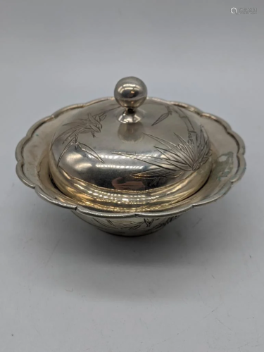 A Chinese silver bowl and cover, etched bamboo decor,