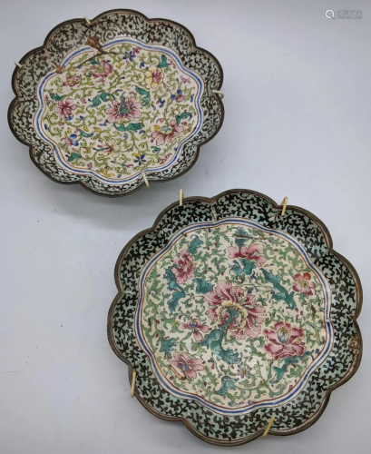 A pair of 19th century Chinese floral enamel dishes,