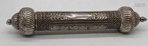 An Omani silver scroll case, vacant cartouche, 156g,