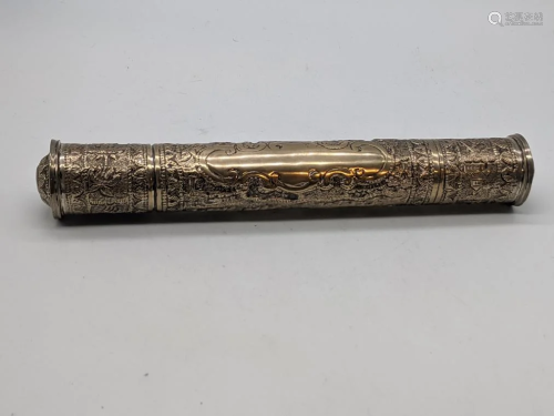 An Eastern silver plated scroll case, L.25cm