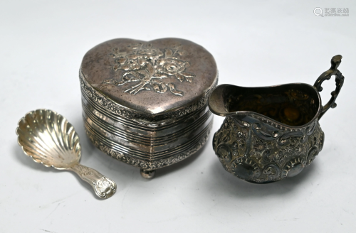 Silver heart-shaped trinket box, cream jug and caddy