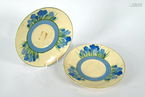 A pair of Clarice Cliff Bizarre blue crocus tea-plates