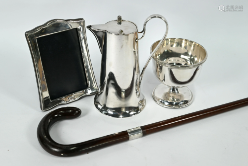 Silver-mounted photo frame and walking stick, ep jug &