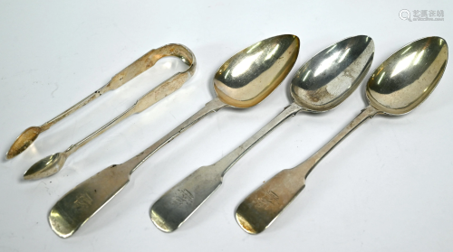 Three Irish silver serving spoons & sugar tongs