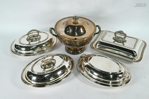 Electroplated soup tureen and four entrÃ©e dishes and