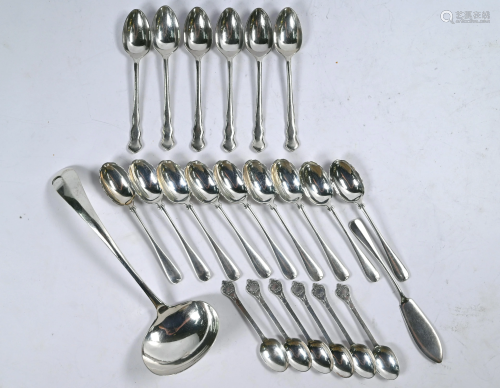 Silver rat-tail sauce ladle, coffee spoons, etc.