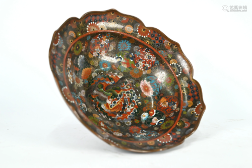 An early 20th century Japanese cloisonnÃ© phoenix bowl