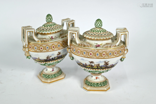 A pair of 19th century Meissen oval urns and covers