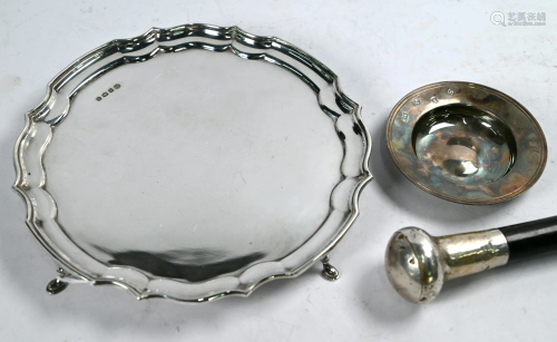 Silver salver, Armada dish and ebonised cane