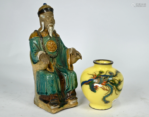 A Chinese cloisonnÃ© phoenix vase and sancai-glazed
