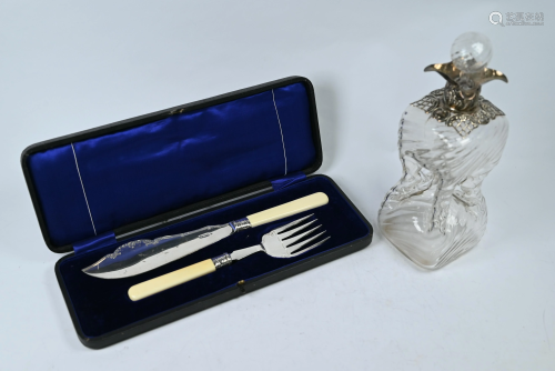Edwardian silver fish servers & silver-mounted decanter