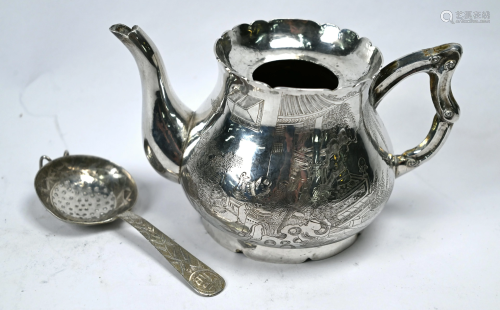 19th Century Chinese export silver tea pot & strainer