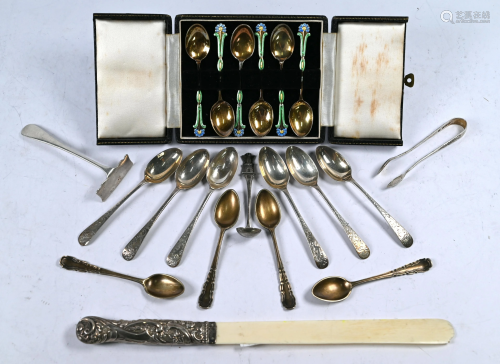 Silver gilt and enamel coffee spoons, etc.