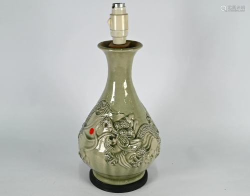 A Chinese celadon 'dragon' vase mounted as a lamp, 38