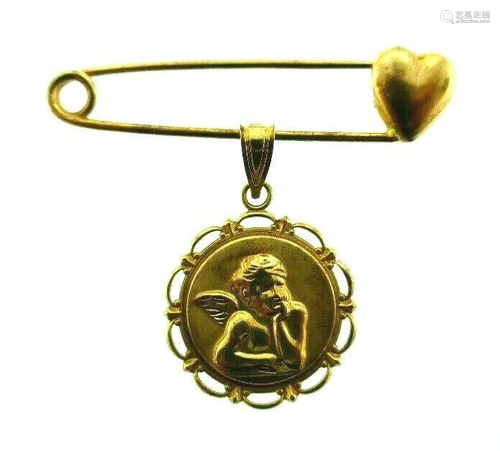 VINTAGE ITALY 14k Yellow Gold Heart & Angel Safety Pin