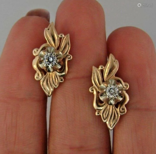 LOVELY 14k Rose & White Gold & Diamond Earrings Vintage