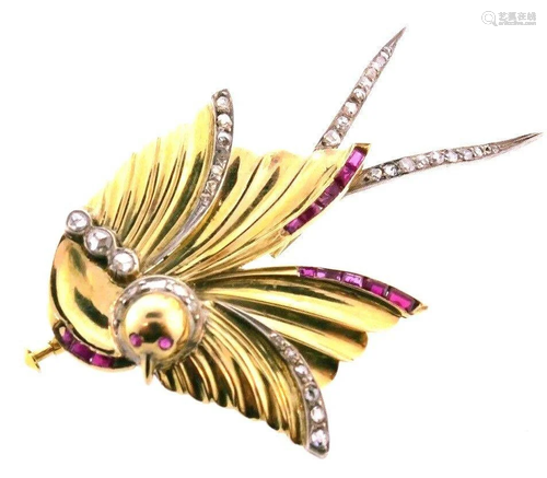 VICTORIAN 14k Yellow Gold, Rose Cut Diamond & Ruby Bird