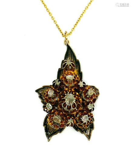 Antique 14k Yellow Gold Diamond Enamel Flower Pendant