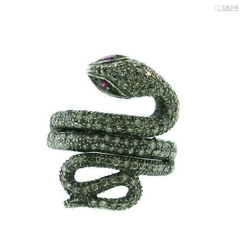 TRENDY Silver, Diamond & Ruby Snake Ring Modern