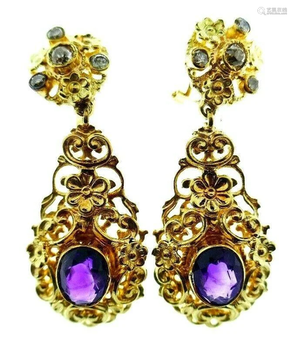 VINTAGE 14k Yellow Gold, Diamond & Amethyst Dangle Drop