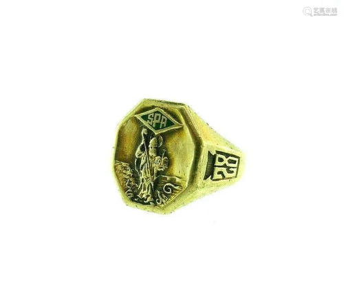 ART DECO 10k Yellow Gold & Enamel SPA Signet Ring Circa