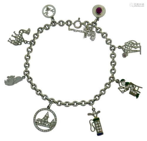 Art Deco Diamond Platinum Charm BRACELET with Gemstones