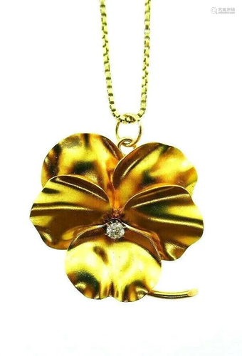 VINTAGE 18k Yellow Gold & Diamond Pansy Flower Pendant