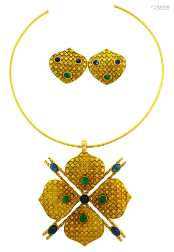 Emerald Sapphire Gold NECKLACE and EARRINGS Set French