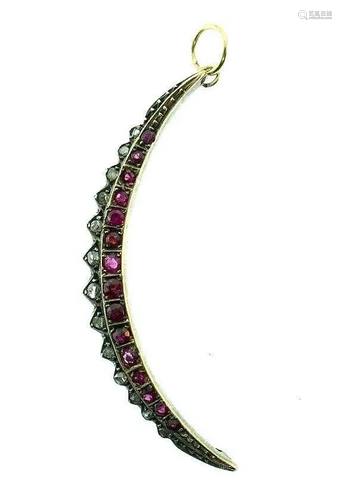 ANTIQUE 9k Rose Gold, Silver, Ruby & Diamond Crescent