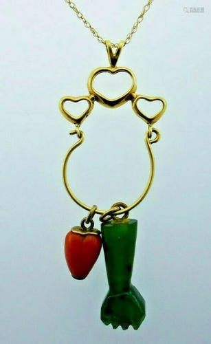 VINTAGE 14k Yellow Gold, Coral & Jade Figa & Heart