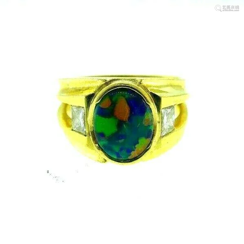 MODERN 18k Yellow Gold, Diamond & Opal Ring Designer