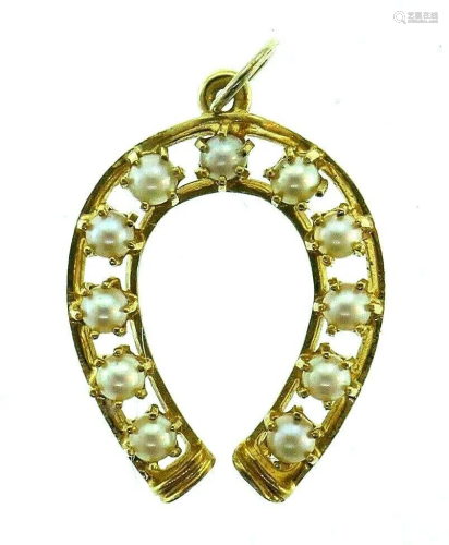 RETRO 14k Yellow Gold & Pearl Horseshoe Pendant