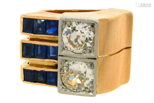 Diamond Sapphire Rose Gold Retro RING French 1940s