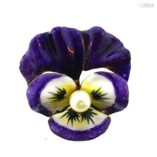 PANSY 14k Yellow Gold Enamel & Pearl Pendant Vintage