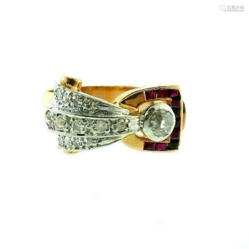 RETRO 14k Rose Gold, Diamond & Ruby Ring Circa 1940s