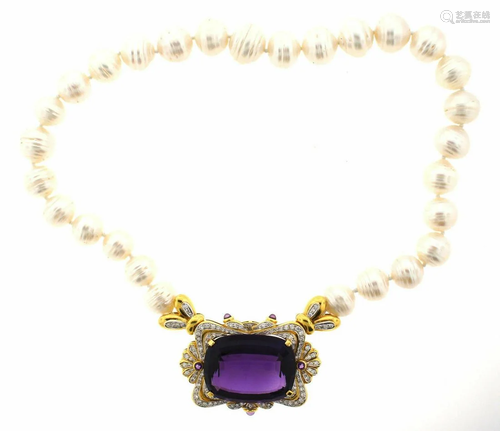 STUNNING 18k Yellow Gold, Pearl & Amethyst Necklace