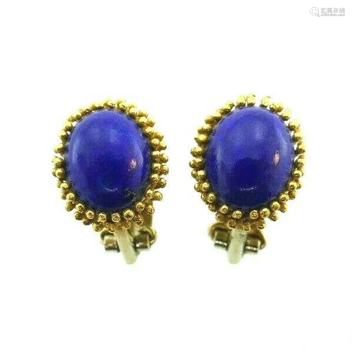 ITALIAN 18k Gold & Lapis Button Clip On Earrings Circa