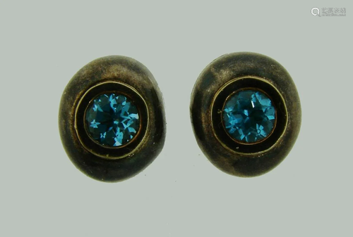 Lovely BLUE TOPAZ SILVER YELLOW GOLD STUD EARRINGS