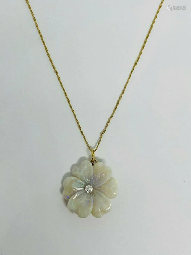 Vintage Opal and Diamond Flower Pendant 14K Yellow Gold