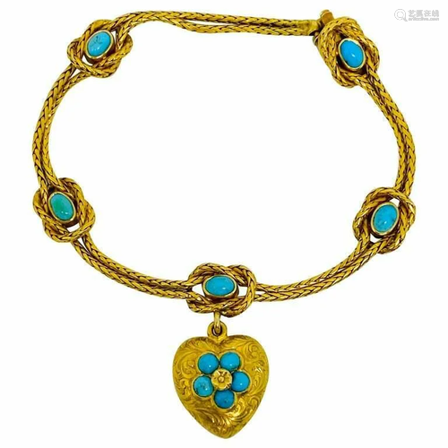 Antique Yellow Gold and Turquoise Bracelet w/ Heart