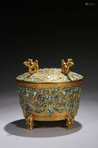 Gilt Copper Furnace with Turquoise Inlay