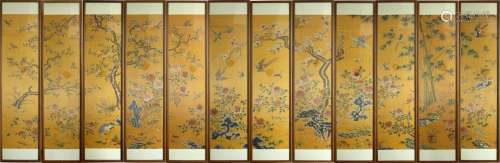A LATE QING DYNASTY EMBROIDERY FLOWER AND BIRD TWELVES SCREE...