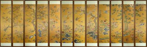 A LATE QING DYNASTY EMBROIDERY FLOWER AND BIRD TWELVES SCREE...