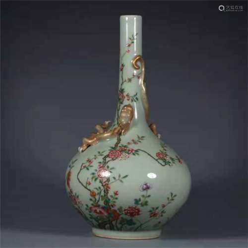 A QING DYNASTY QIANLONG PEA GREEN GLAZE FAMILLE ROSE FLOWER ...