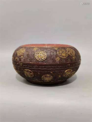 A ZIJIN GLAZE AND CORAL RED CARVED GILDING BALL FLOWER FIVE ...