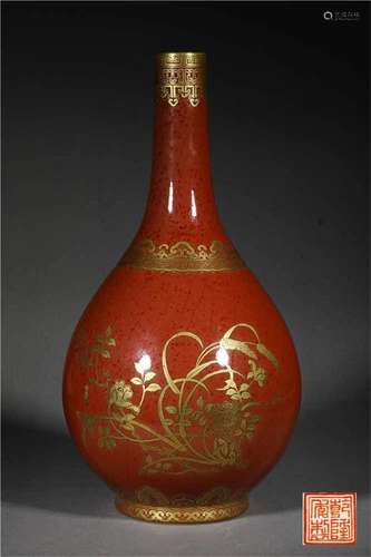 A QING DYNASTY LANG KILN RED PAINT GOLD DRAWING LOTUS GALLIP...