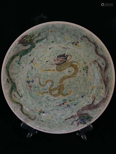 A QING DYNASTY BLUE GROUND CLOUD DRAGON PLAY BALL BIG PLATE