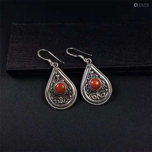 A CORAL INLAY EARDROP 925 PURE SILVER