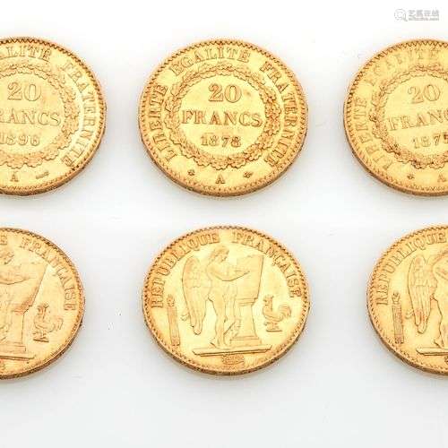 Trois pièces de vingt francs en or à l'effigie de la républi...